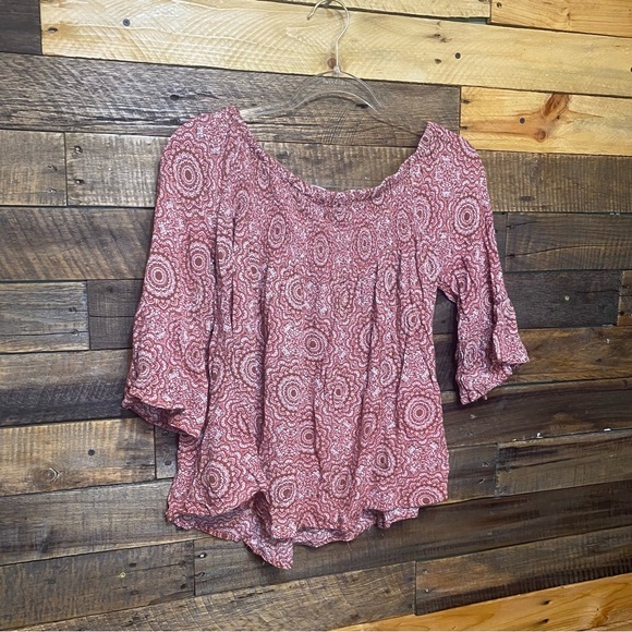 Altar’d State Pink White Floral Print 3/4 Sleeve Off The Shoulder Top - Picture 4 of 6